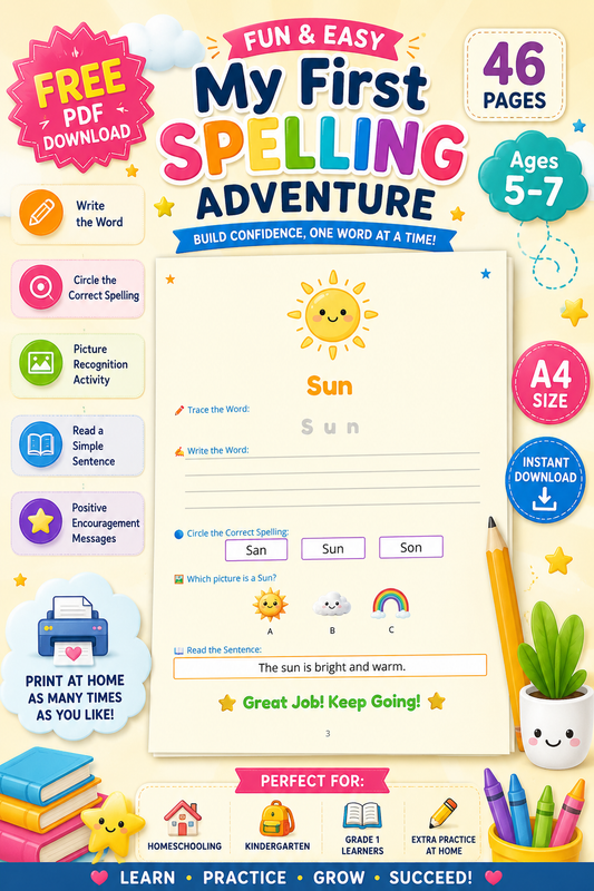 My First Spelling Adventure Kids | Ages 5-7 | A4 PDF Download