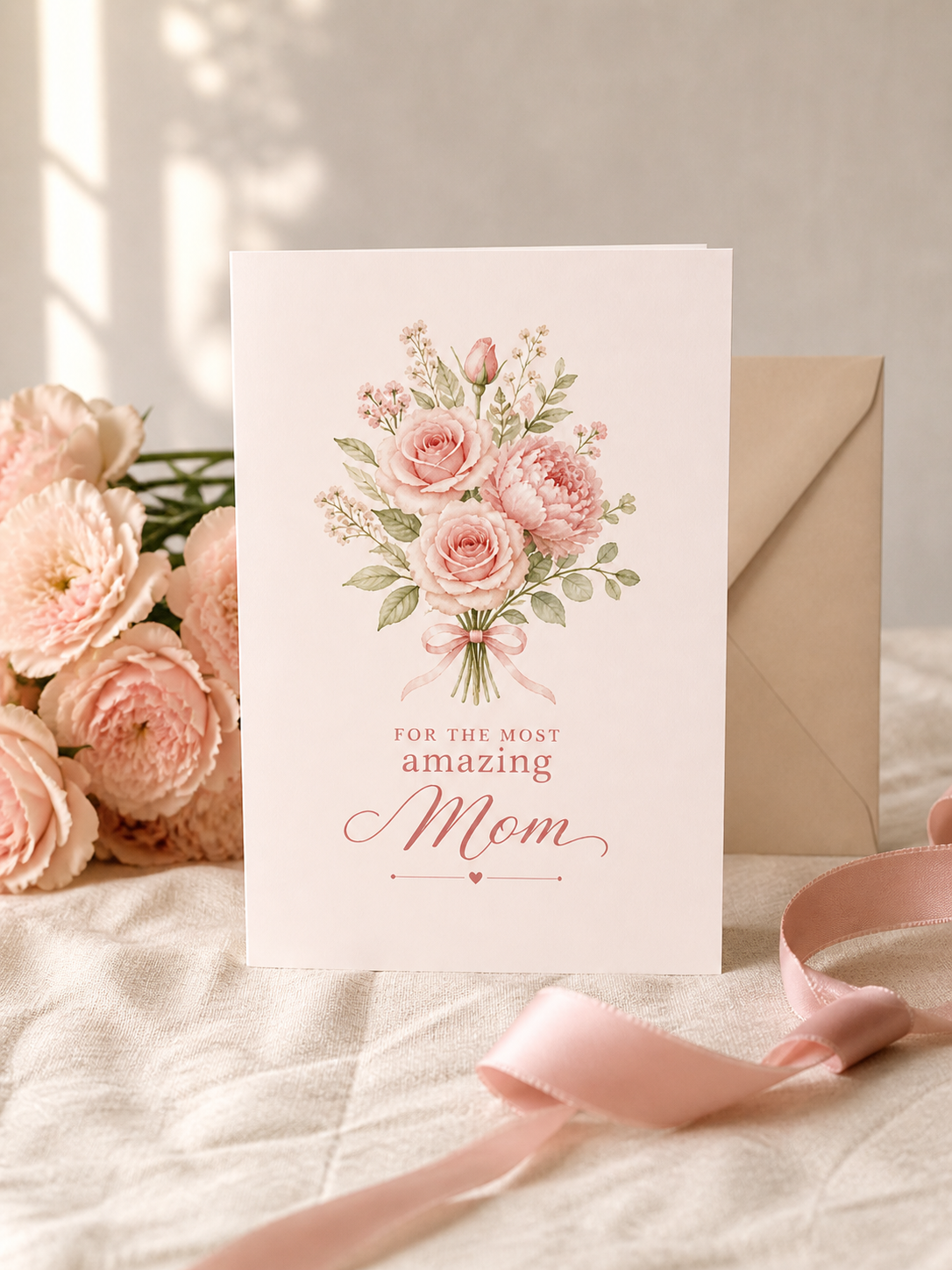 A5 Mother’s Day Card Printable | Floral Bouquet Card for Mom | Elegant Blush Pink Greeting Card | Instant Download Gift