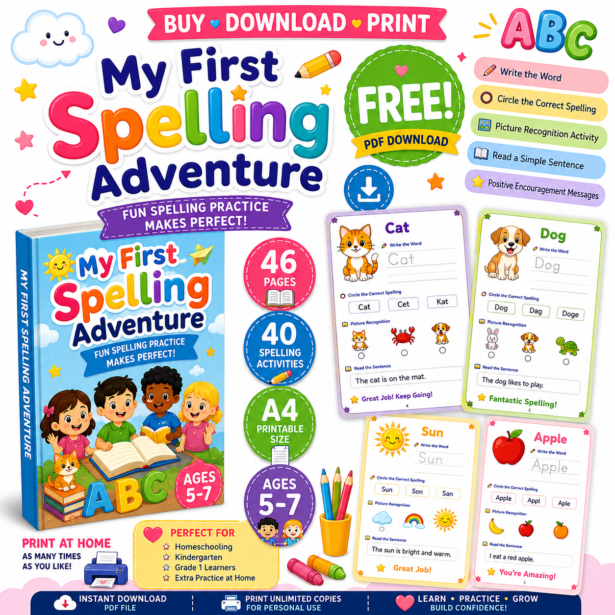 My First Spelling Adventure Kids | Ages 5-7 | A4 PDF Download