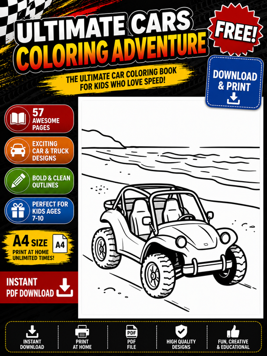 Ultimate Cars Coloring Adventure – 57 Page | Kids Ages 7–10 | A4 PDF Download