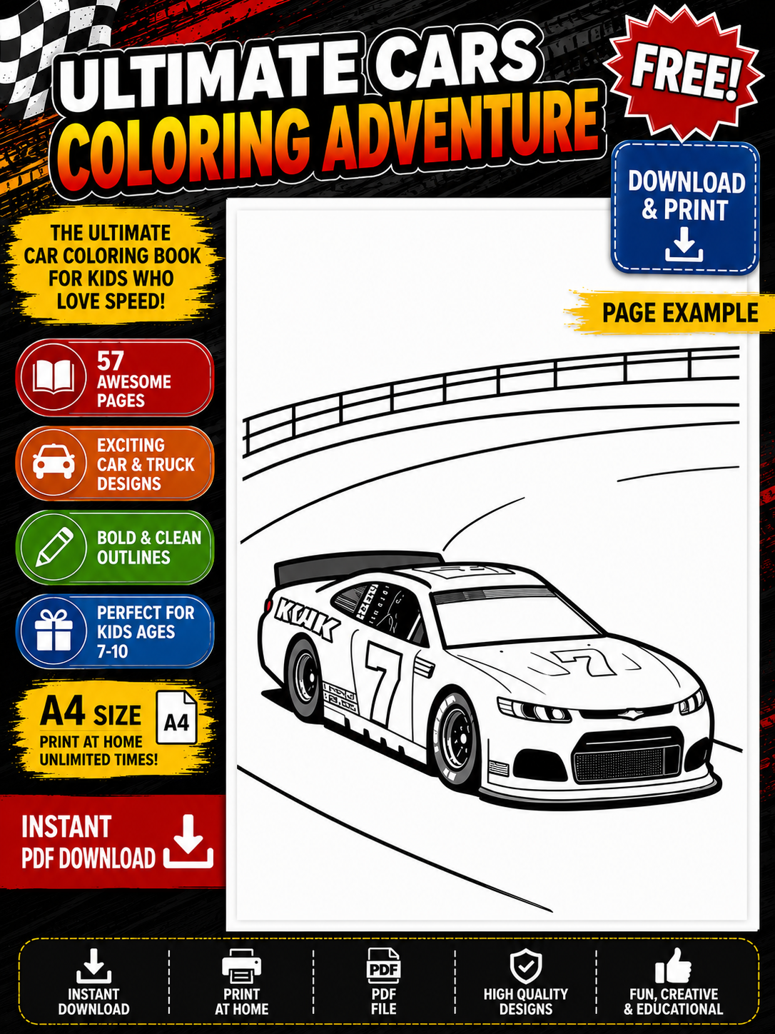 Ultimate Cars Coloring Adventure – 57 Page | Kids Ages 7–10 | A4 PDF Download