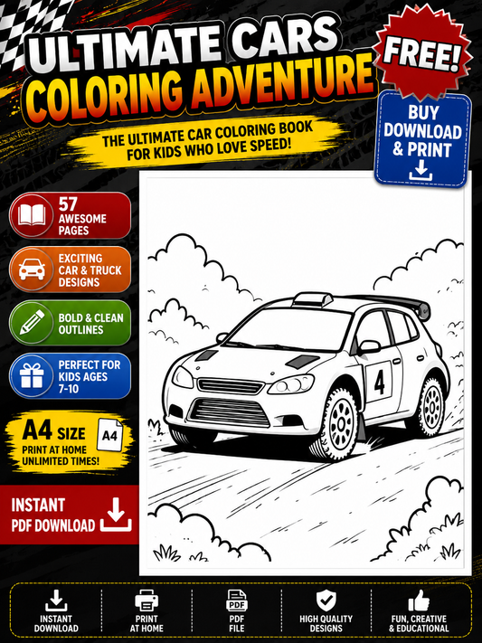 Ultimate Cars Coloring Adventure – 57 Page | Kids Ages 7–10 | A4 PDF Download