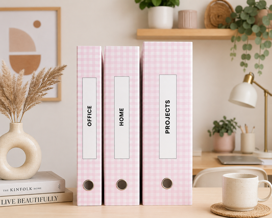 ✨ Pink Gingham Binder Spine Covers | Printable Office, Home & Projects Labels | Minimalist Aesthetic Organizer Inserts