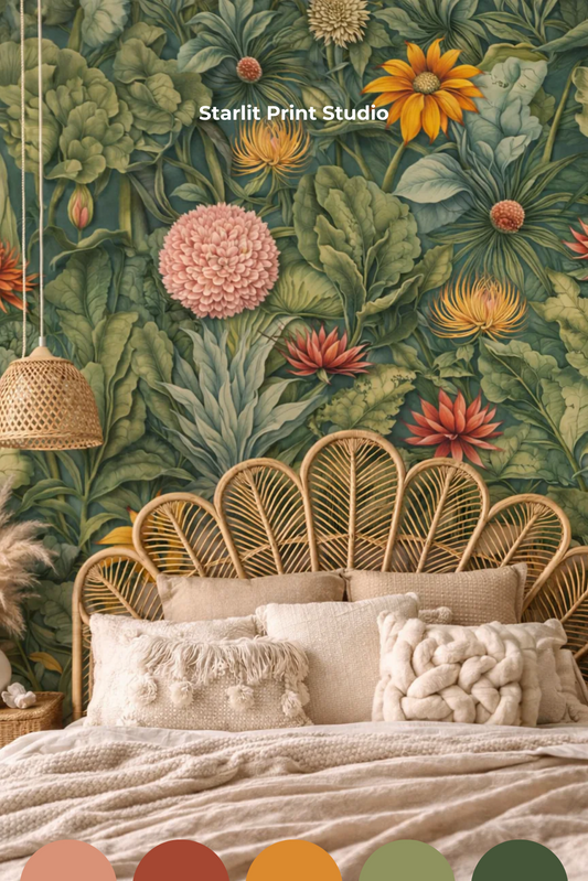 Bedroom with wicker headboard and floral wallpaper, featuring Starlit Print Studio branding.