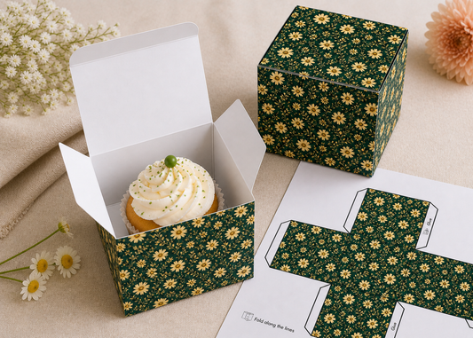 Printable Cupcake Box Template A4 | Daisy Floral Gift Box | DIY Favor Box | Instant Download | Small Gift Packaging | Party Favor Box