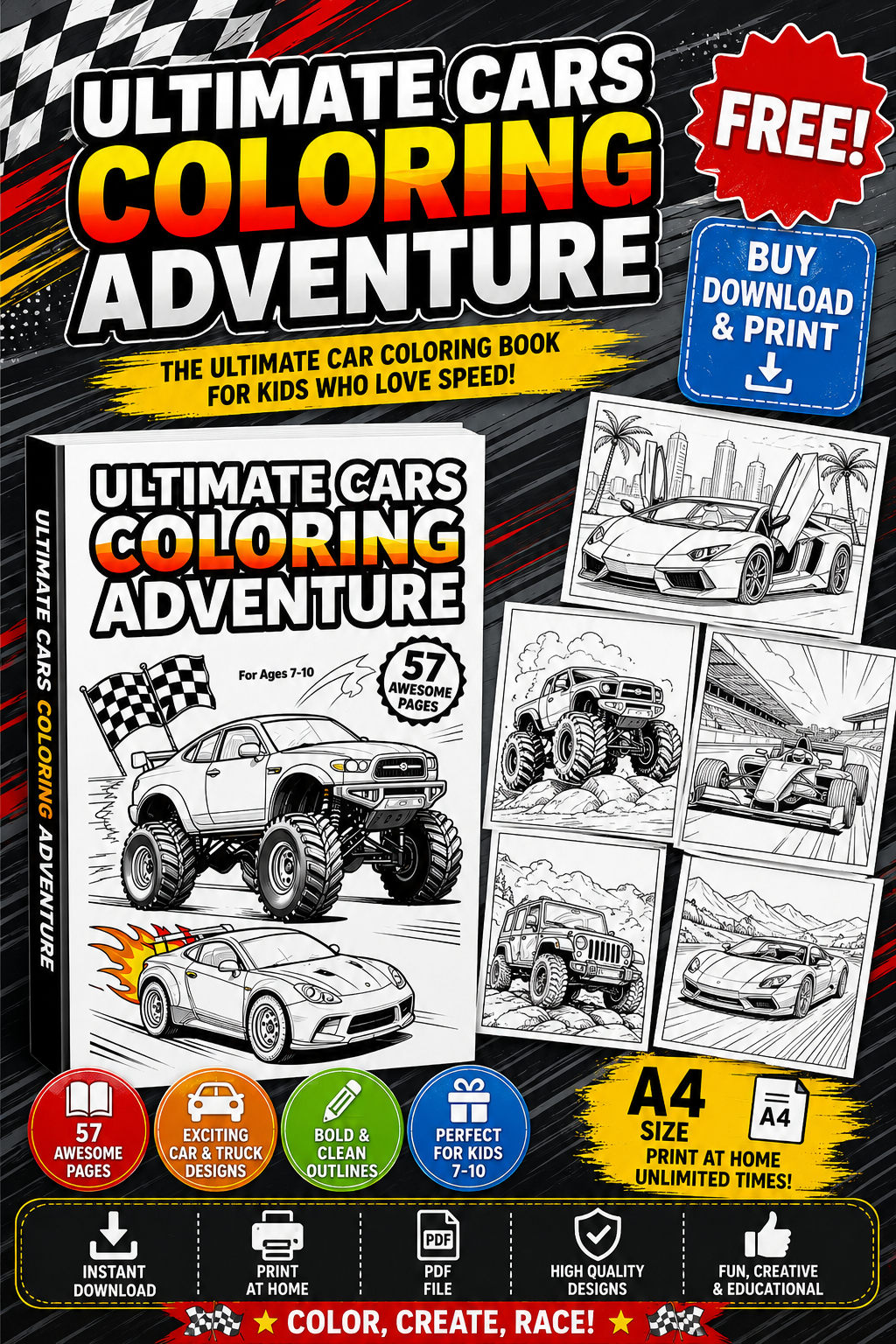Ultimate Cars Coloring Adventure – 57 Page | Kids Ages 7–10 | A4 PDF Download