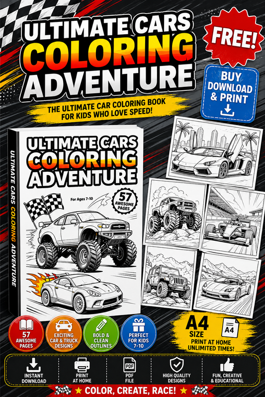 Ultimate Cars Coloring Adventure – 57 Page | Kids Ages 7–10 | A4 PDF Download