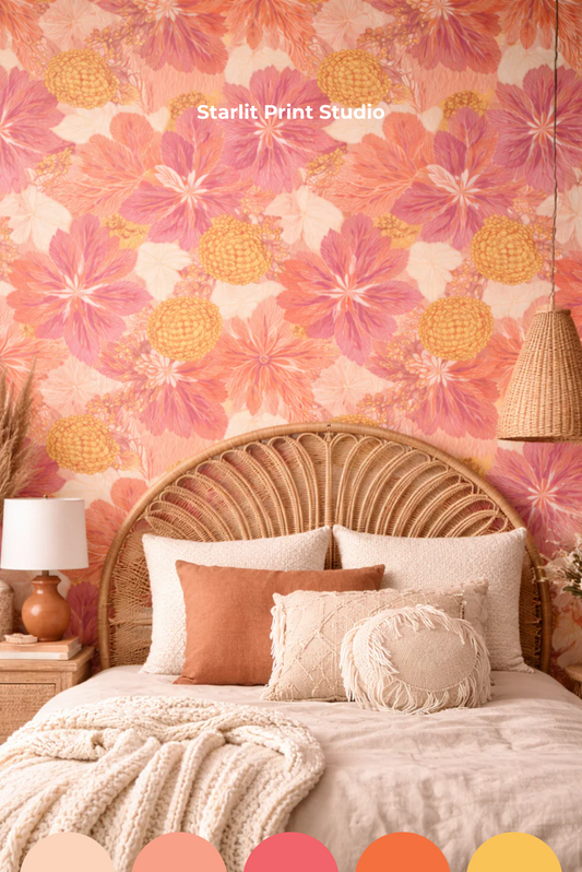 Bedroom with floral wallpaper, wicker headboard, and color swatches.