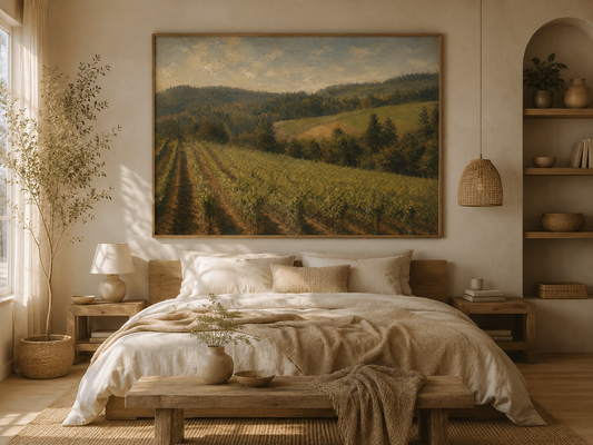 Golden Vineyard Stillness – A0 Printable Wall Art | Vintage Countryside Landscape Painting | Rustic Farm Decor