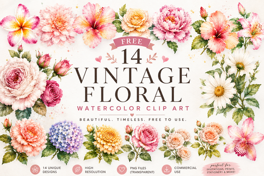 14 Vintage Floral Watercolor Clipart Bundle | PNG Transparent Flowers | Commercial Use Floral Graphics | Instant Download