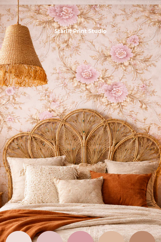 Bedroom with wicker headboard, pillows, and floral wallpaper.