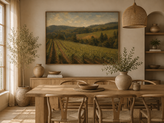 Golden Vineyard Stillness – A0 Printable Wall Art | Vintage Countryside Landscape Painting | Rustic Farm Decor
