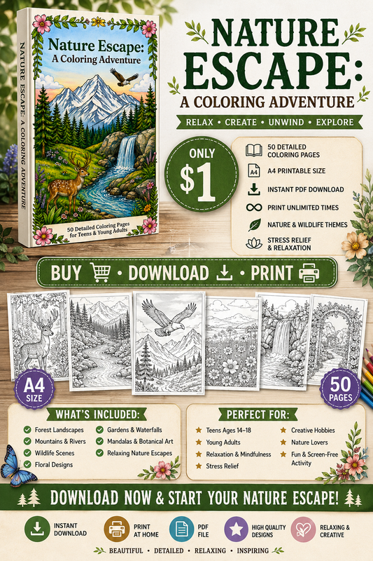 Nature Escape: A Coloring Adventure | 50 Coloring Pages | Digital PDF Download | A4