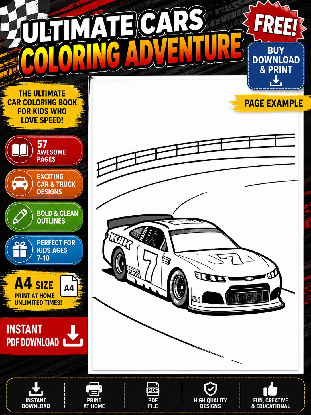 Ultimate Cars Coloring Adventure – 57 Page | Kids Ages 7–10 | A4 PDF Download
