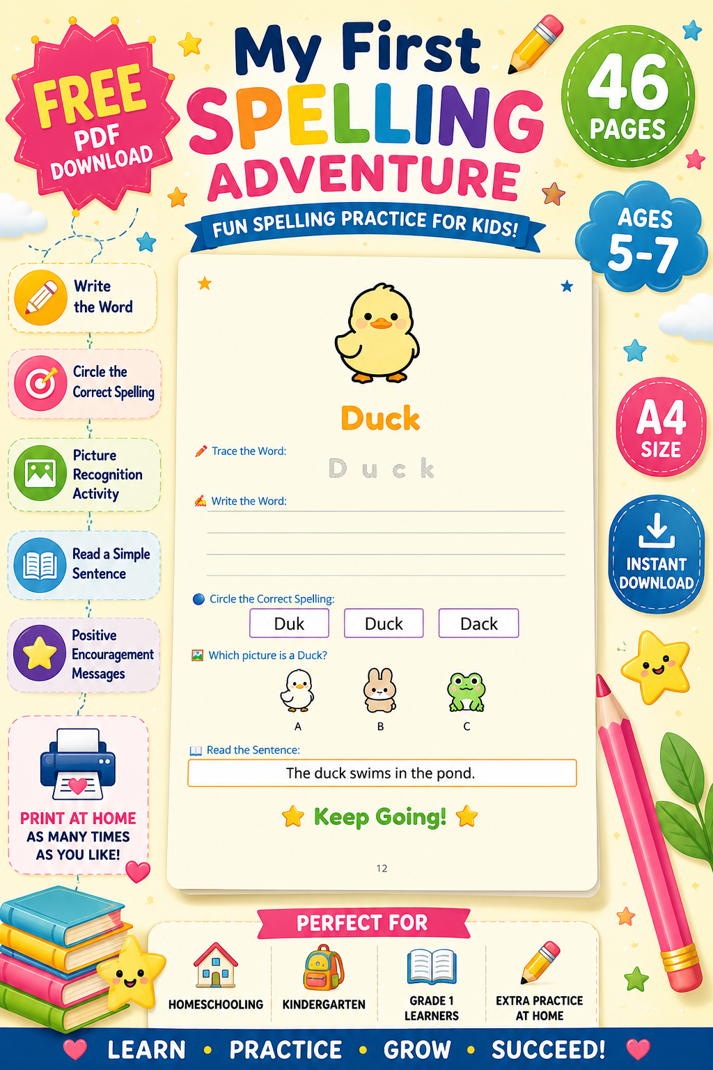 My First Spelling Adventure Kids | Ages 5-7 | A4 PDF Download
