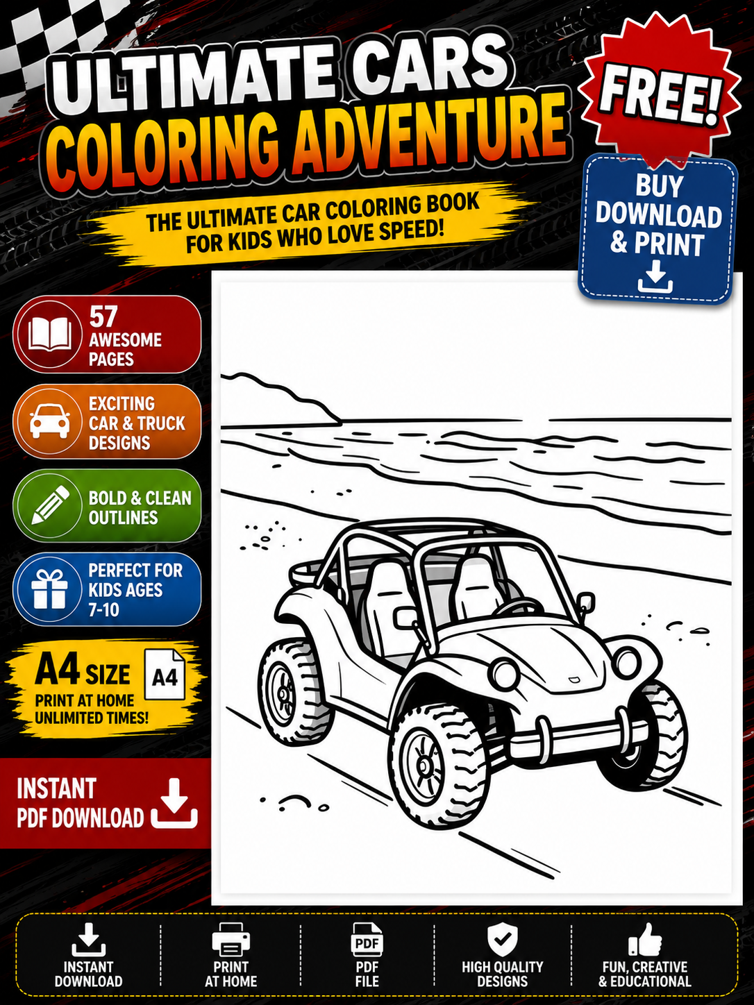 Ultimate Cars Coloring Adventure – 57 Page | Kids Ages 7–10 | A4 PDF Download