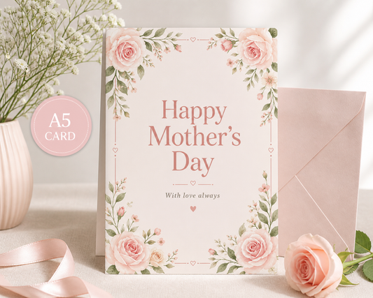 A5 Mother’s Day Card Printable | Elegant Floral Card | Instant Download Gift for Mom | Minimal Blush Pink Greeting Card