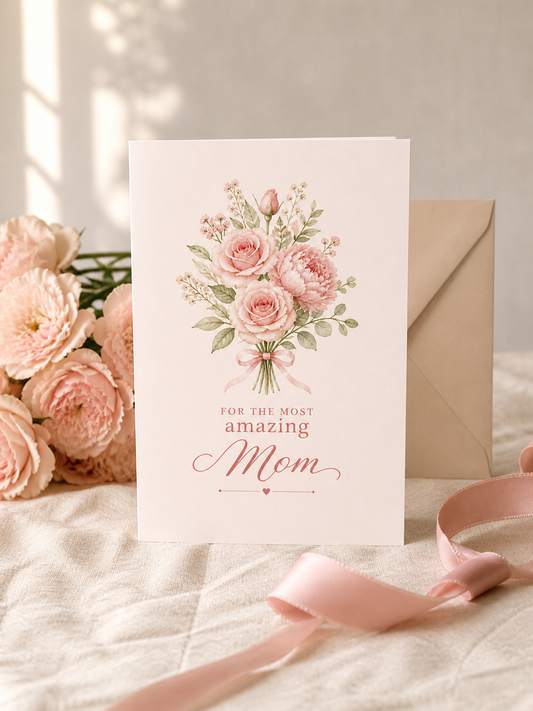 A5 Mother’s Day Card Printable | Floral Bouquet Card for Mom | Elegant Blush Pink Greeting Card | Instant Download Gift