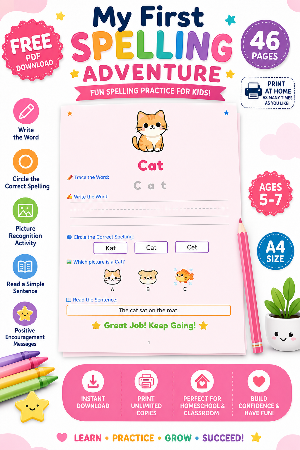 My First Spelling Adventure Kids | Ages 5-7 | A4 PDF Download