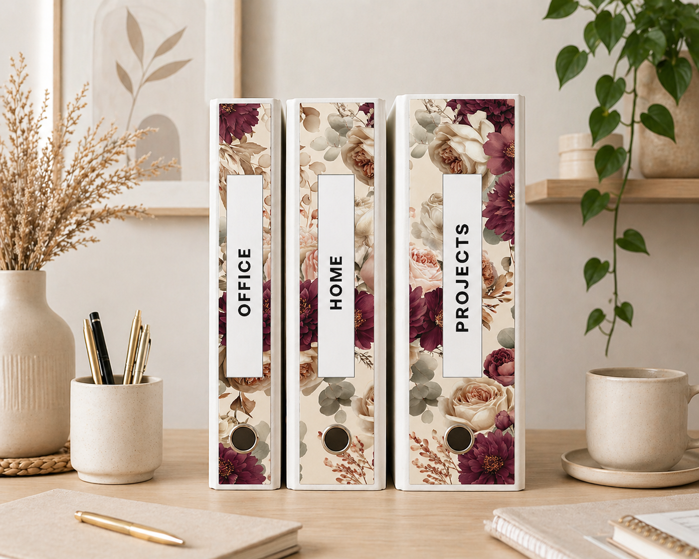 Burgundy Blush Floral Binder Spine Covers | Printable Office, Home & Projects Labels | Elegant Neutral Aesthetic Organizer Inserts