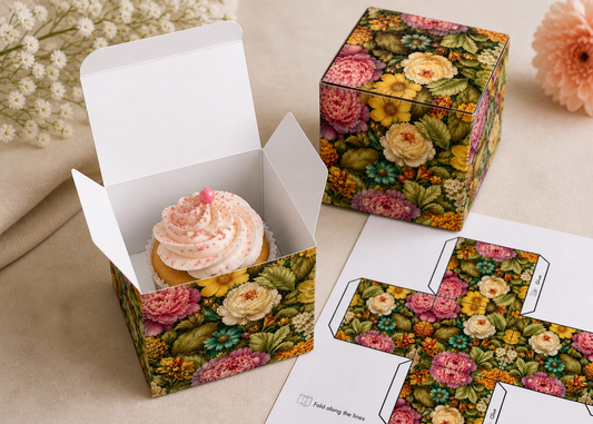 Printable Cupcake Box Template A4 | Floral Gift Box DIY | Printable Treat Box | Instant Download Packaging | Mother’s Day Gift Box