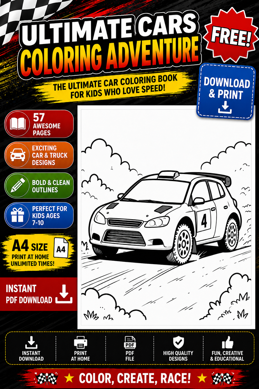 Ultimate Cars Coloring Adventure – 57 Page | Kids Ages 7–10 | A4 PDF Download