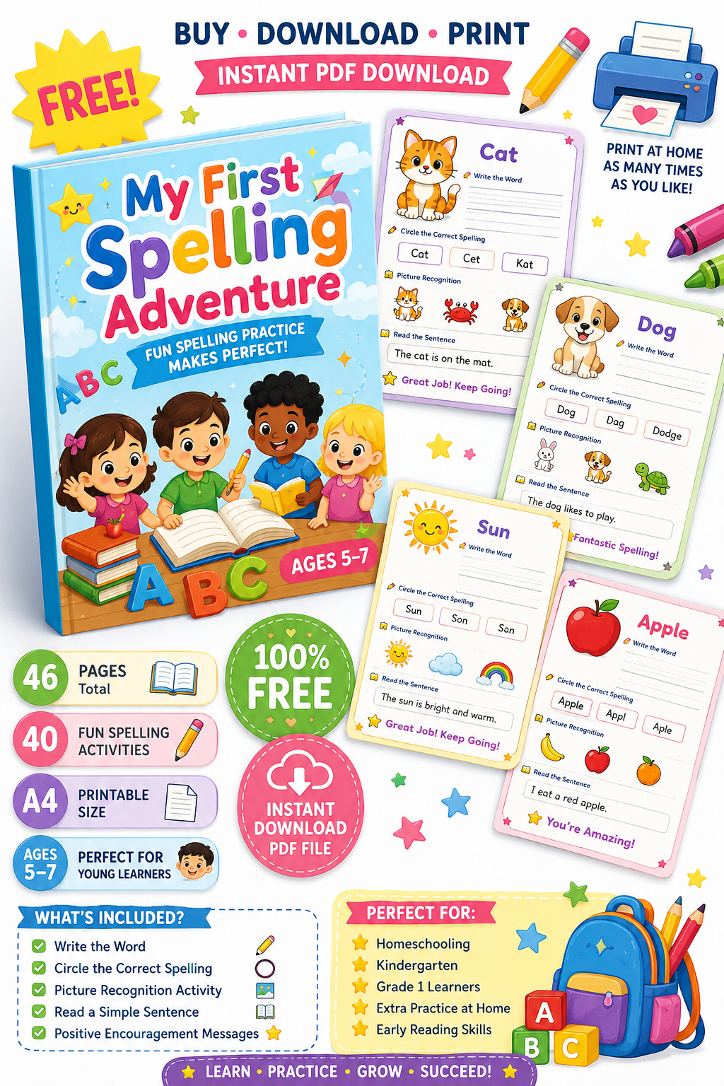 My First Spelling Adventure Kids | Ages 5-7 | A4 PDF Download