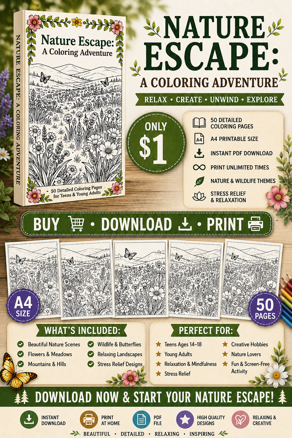 Nature Escape: A Coloring Adventure | 50 Coloring Pages | Digital PDF Download | A4