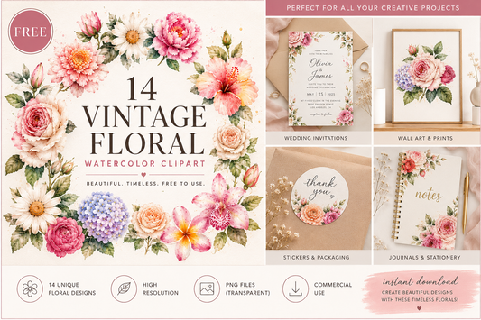 14 Vintage Floral Watercolor Clipart Bundle | PNG Transparent Flowers | Commercial Use Floral Graphics | Instant Download
