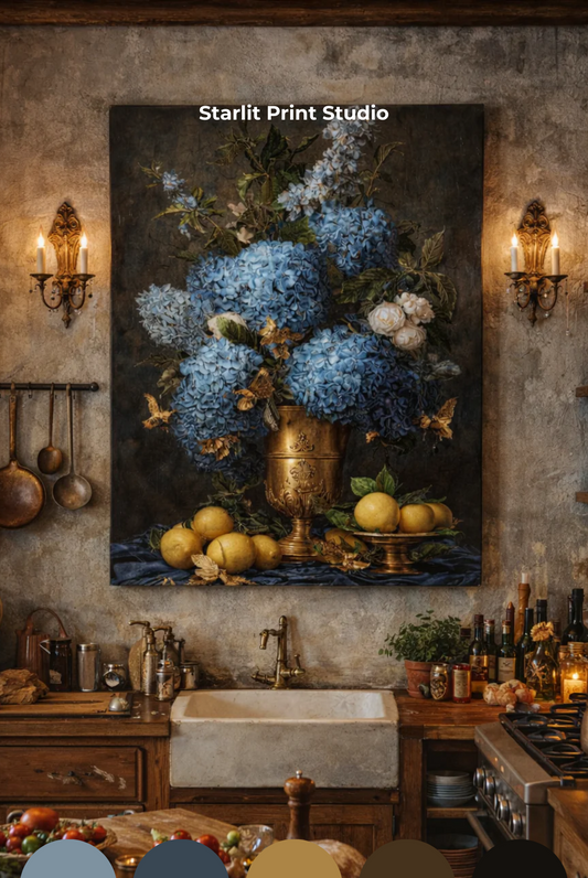 Decorative painting of flowers and fruit on a rustic kitchen wall with Starlit Print Studio branding.
